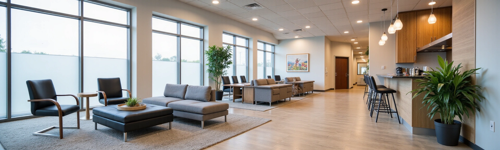 A professional and inviting interior of a nutrition center with modern decor and comfortable seating
