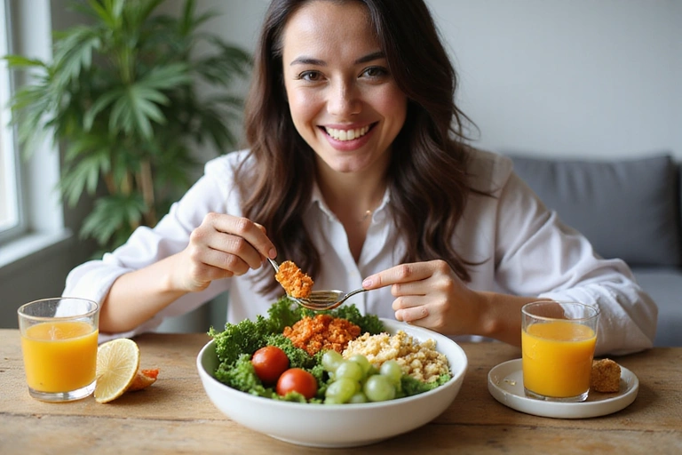 A person enjoying a healthy, colorful plant-based meal at a well-lit table.