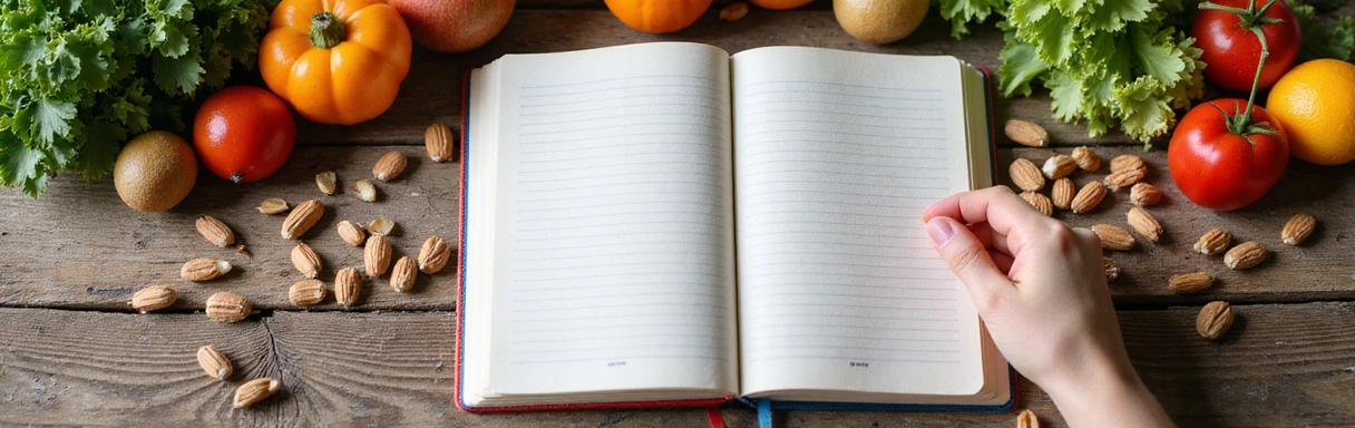Open notebook with healthy food and a person reading, symbolizing knowledge and healthy living
