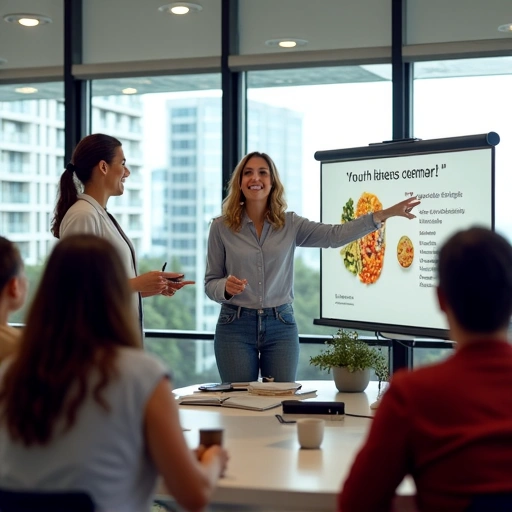 A group of diverse employees attending a corporate wellness seminar with a nutritionist
