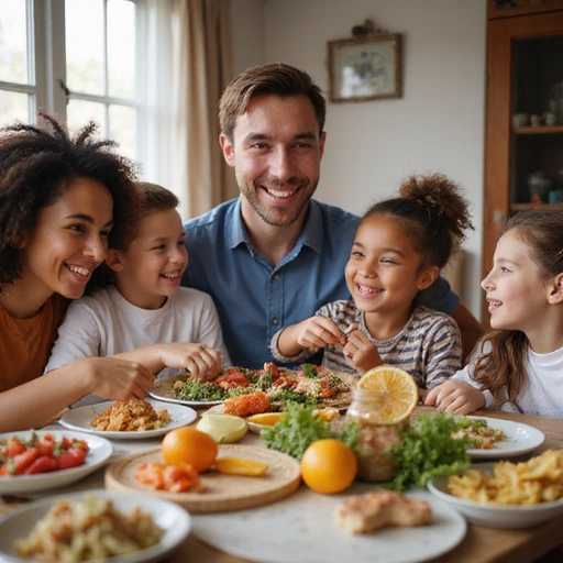 A happy family sharing a healthy meal together around a dining table