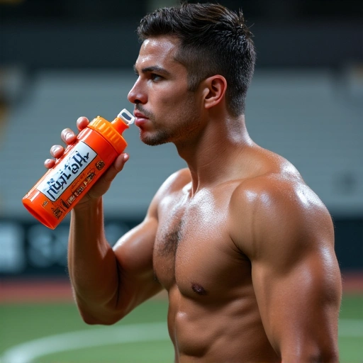 An athlete drinking water after a workout with sports nutrition products in the background