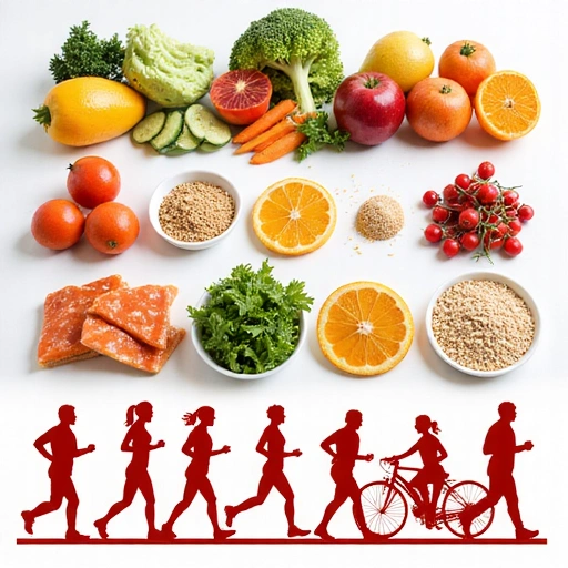 Diverse healthy food options and people being active